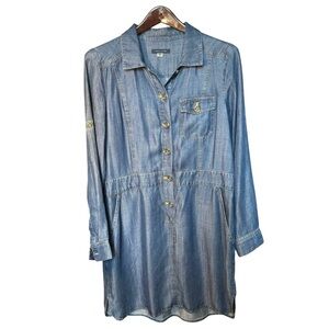 Tommy Hilfiger Womens 12 Shirt Dress Blue Chambray Denim Roll Tab Long Sleeve